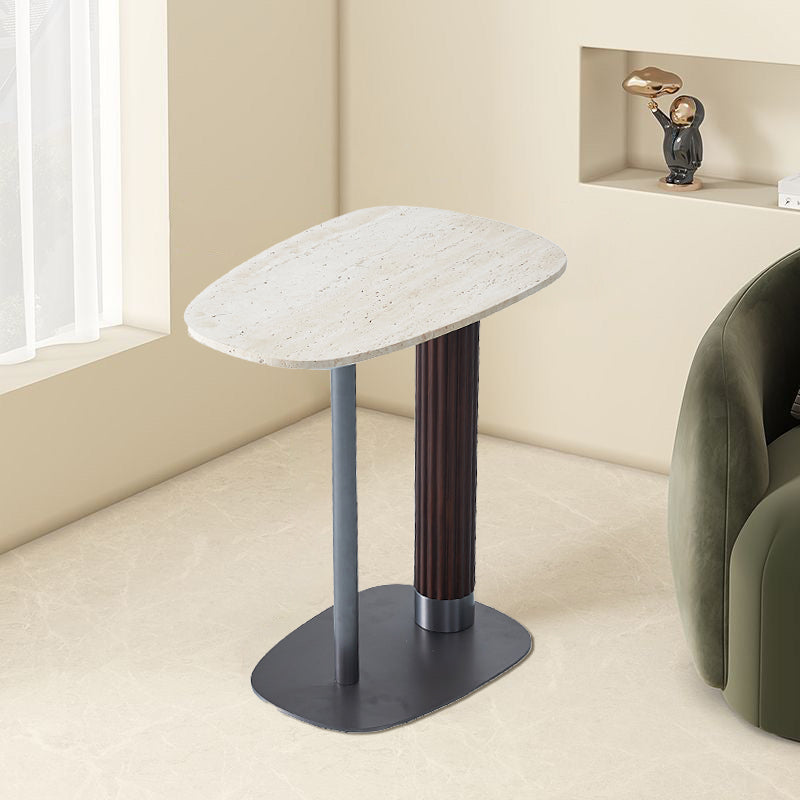 Irregular Rounded-Rectangle Natural Marble Solid Wood End Table - Scandinavian Dual-Pillar Legs Accent Table For Living Room Lumendat