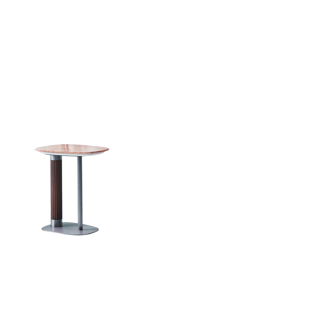 Irregular Rounded-Rectangle Natural Marble Solid Wood End Table - Scandinavian Dual-Pillar Legs Accent Table For Living Room Lumendat