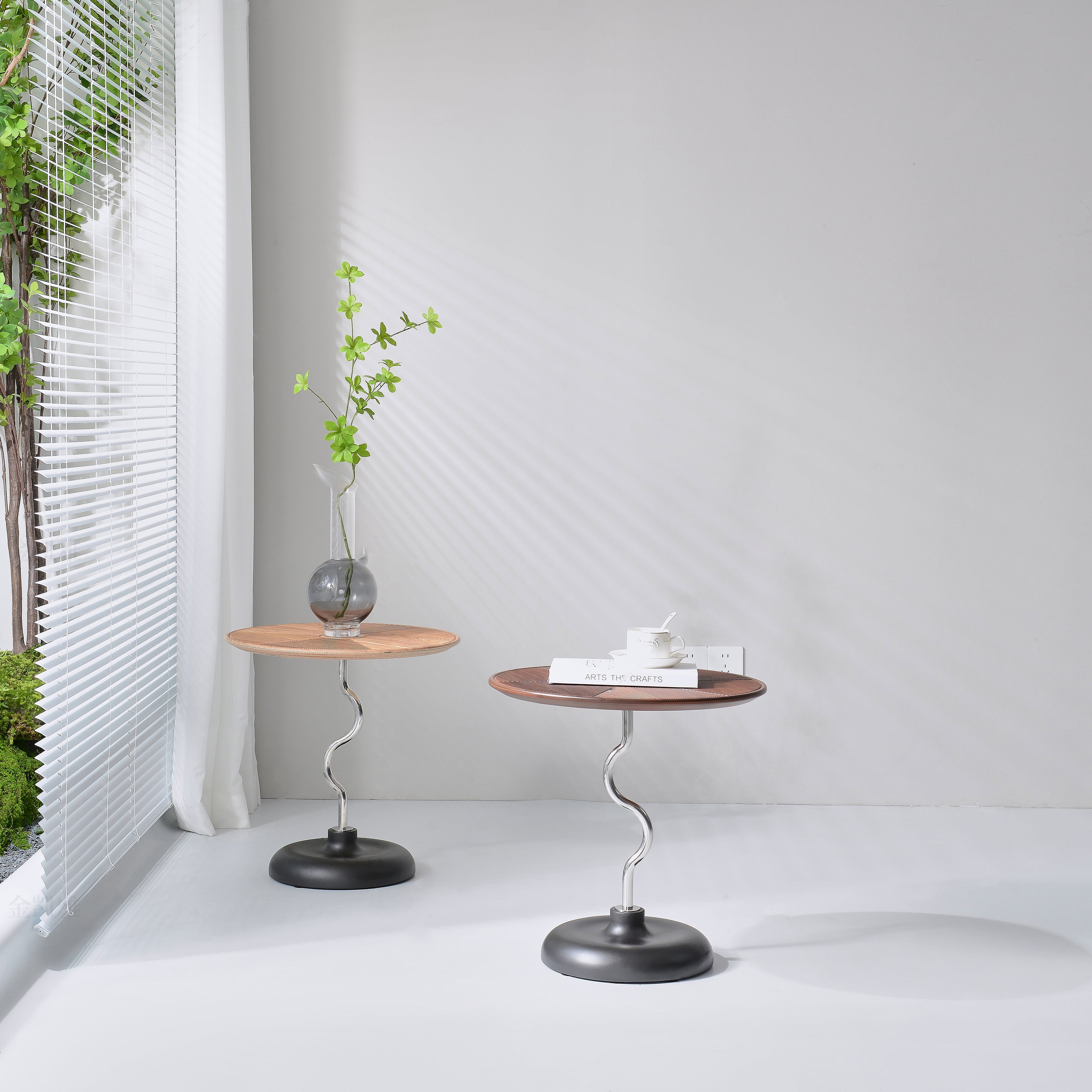 Artistic Round Curved Stem Wood Stainless Steel End Table - Vintage Classic Accent Table For Living Room Lumendat