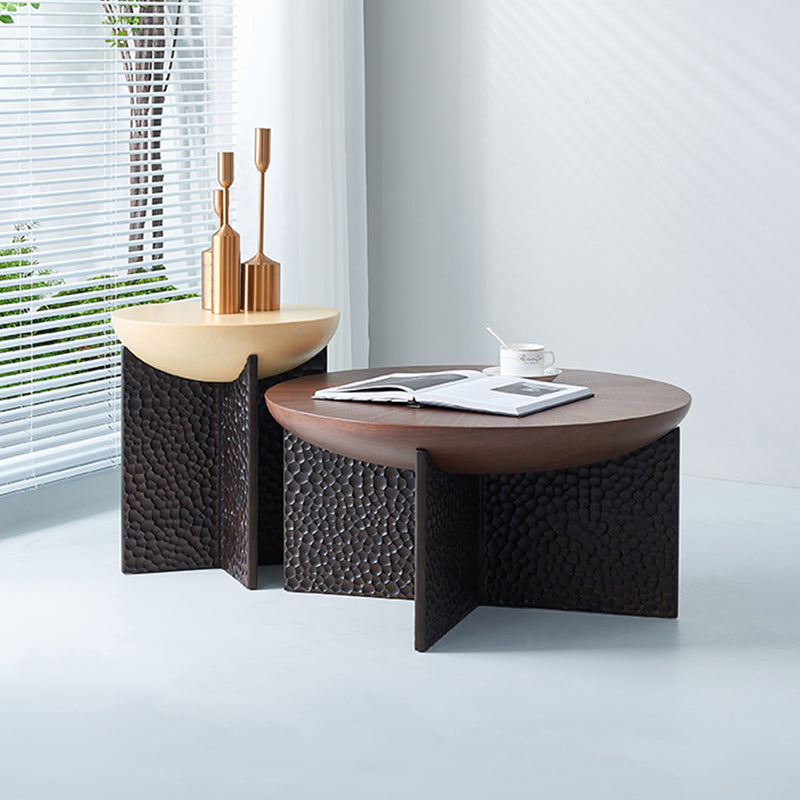 Geometric Cross Base Round Solid Wood Coffee Table - Scandinavian Radiating Grain Tea Table For Living Room Lumendat