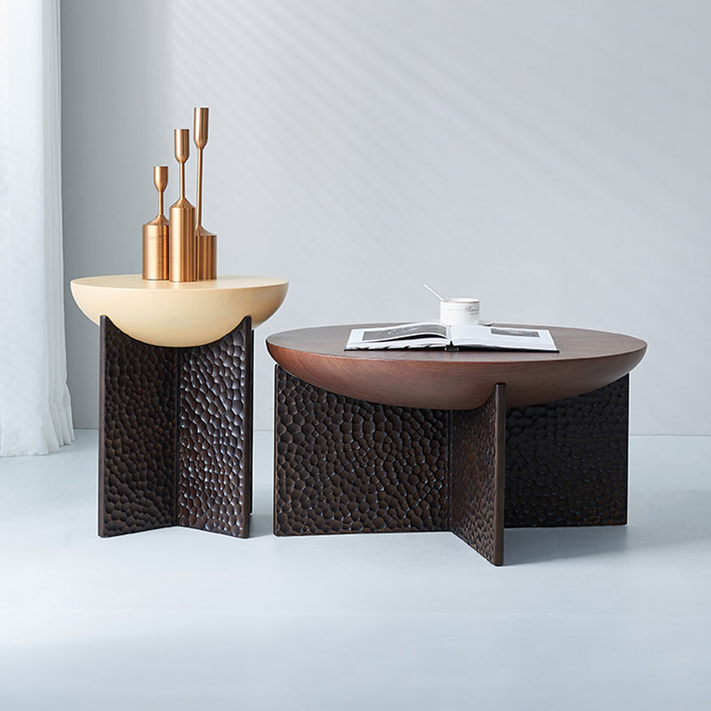 Geometric Cross Base Round Solid Wood Coffee Table - Scandinavian Radiating Grain Tea Table For Living Room Lumendat