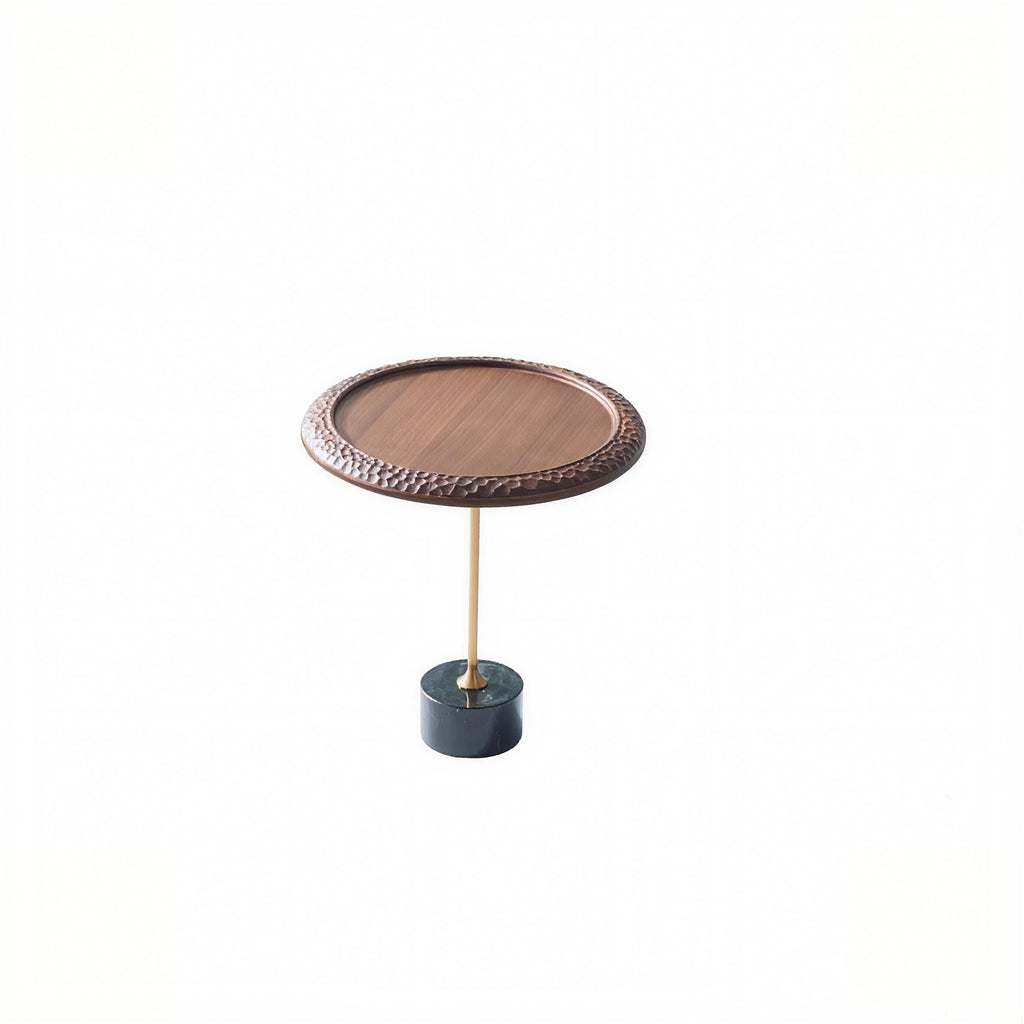 Hammered Edge Round Solid Wood Natural Marble End Table - Vintage Artistic Side Table For Living Room Lumendat