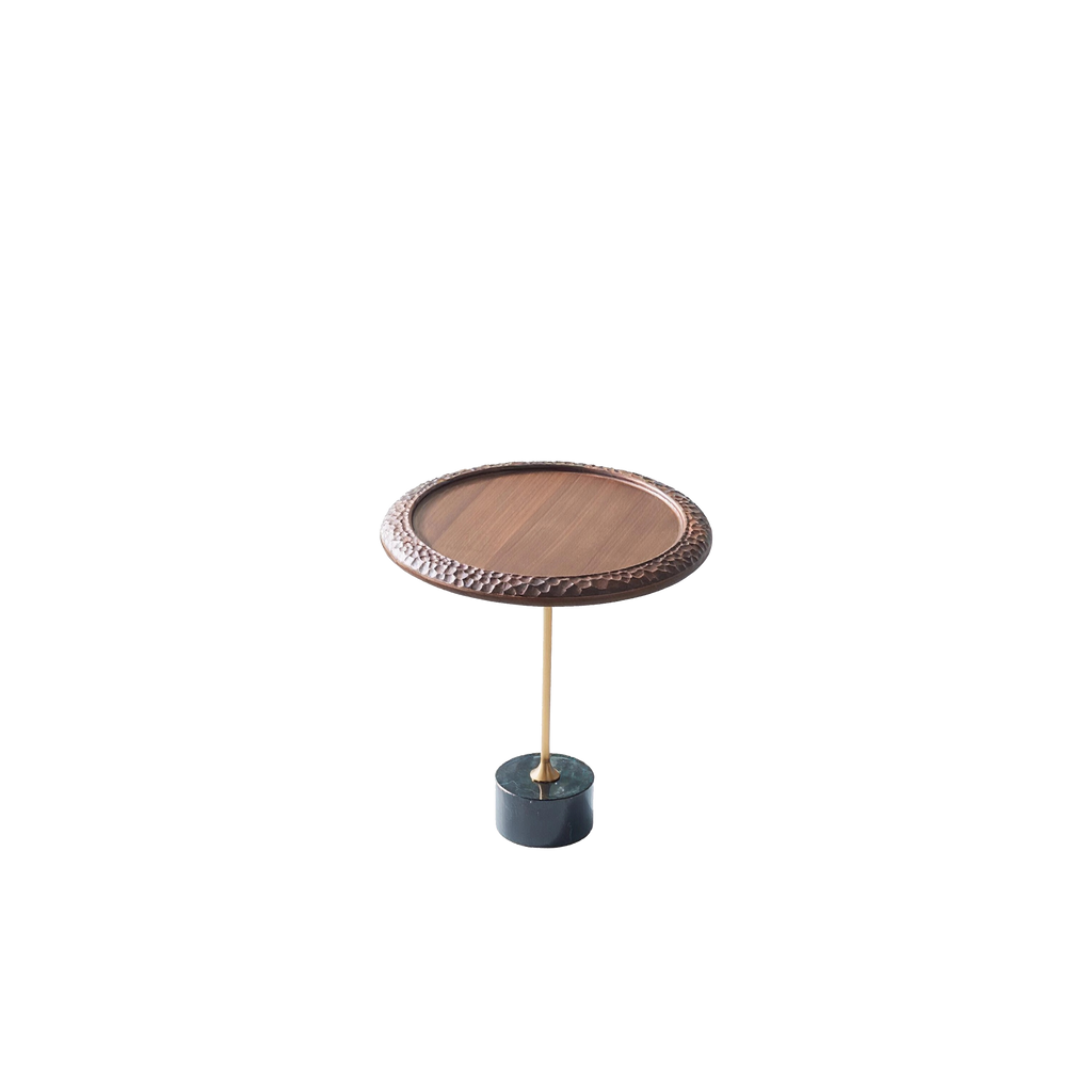 Hammered Edge Round Solid Wood Natural Marble End Table - Vintage Artistic Side Table For Living Room Lumendat