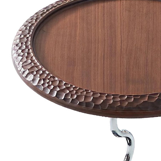 Hammered Edge Round Solid Wood Natural Marble End Table - Vintage Artistic Side Table For Living Room Lumendat