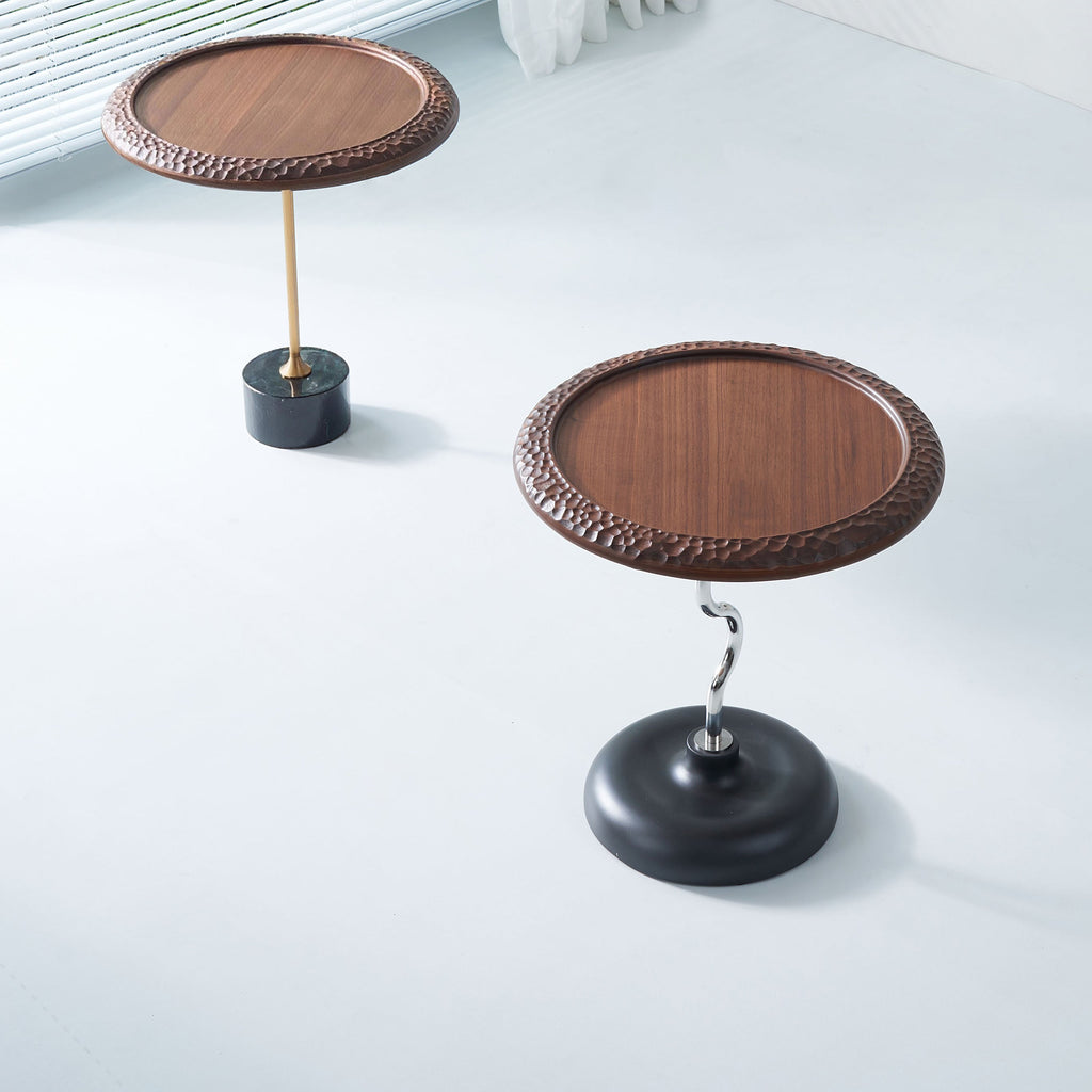 Hammered Edge Round Solid Wood Natural Marble End Table - Vintage Artistic Side Table For Living Room Lumendat
