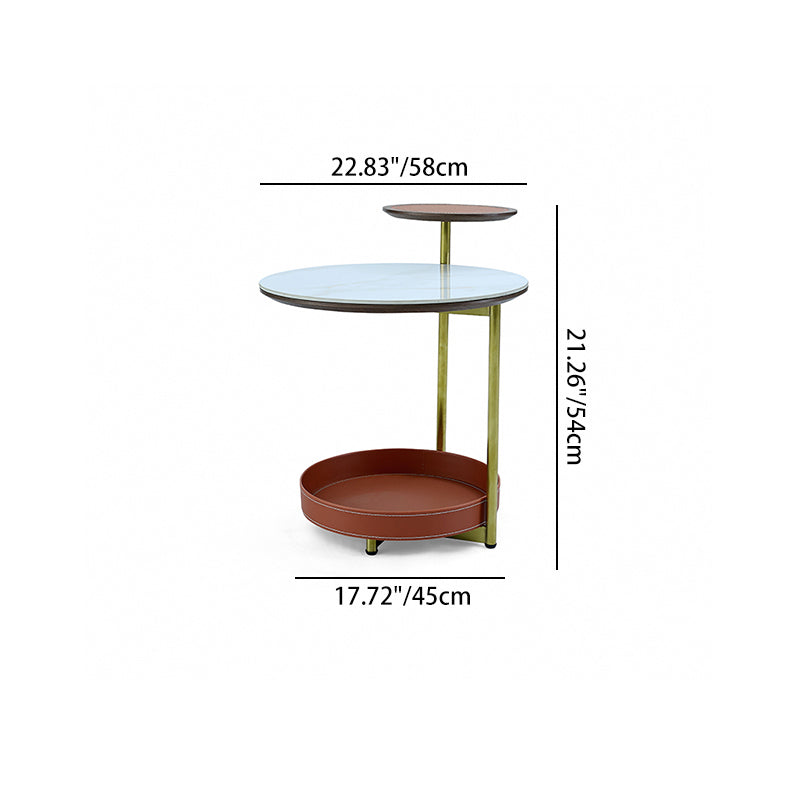 Two-Layer Round Rock Slab Ironwood Veneer Faux Saddle Leather End Table - Creative Accent Side Table For Living Room Lumendat