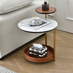 Two-Layer Round Rock Slab Ironwood Veneer Faux Saddle Leather End Table - Creative Accent Side Table For Living Room Lumendat