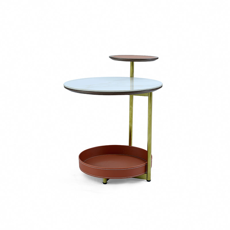 Two-Layer Round Rock Slab Ironwood Veneer Faux Saddle Leather End Table - Creative Accent Side Table For Living Room Lumendat