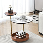 Two-Layer Round Rock Slab Ironwood Veneer Faux Saddle Leather End Table - Creative Accent Side Table For Living Room Lumendat