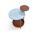 Two-Layer Round Rock Slab Ironwood Veneer Faux Saddle Leather End Table - Creative Accent Side Table For Living Room Lumendat