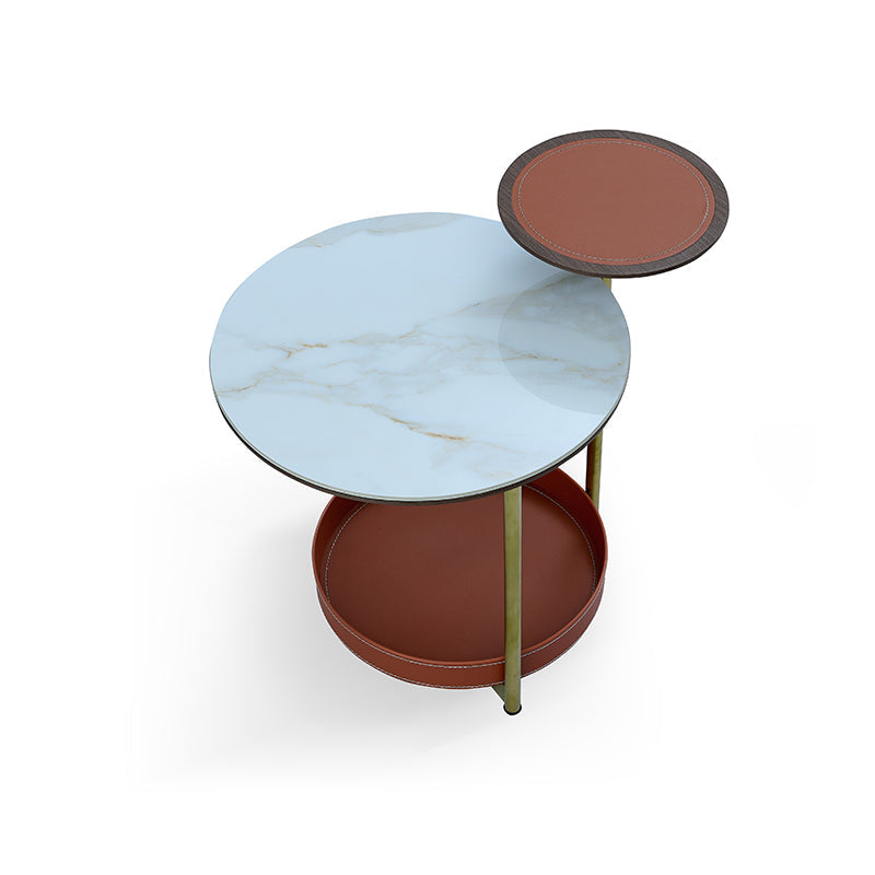 Two-Layer Round Rock Slab Ironwood Veneer Faux Saddle Leather End Table - Creative Accent Side Table For Living Room Lumendat