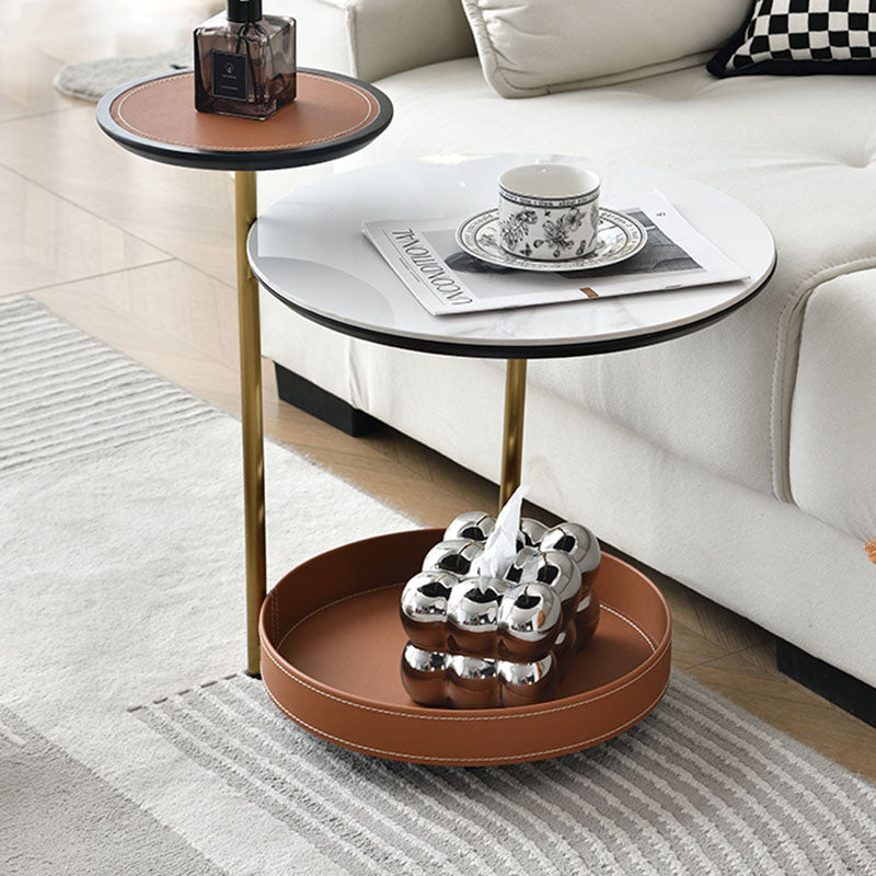 Two-Layer Round Rock Slab Ironwood Veneer Faux Saddle Leather End Table - Creative Accent Side Table For Living Room Lumendat