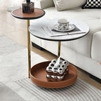 Two-Layer Round Rock Slab Ironwood Veneer Faux Saddle Leather End Table - Creative Accent Side Table For Living Room Lumendat
