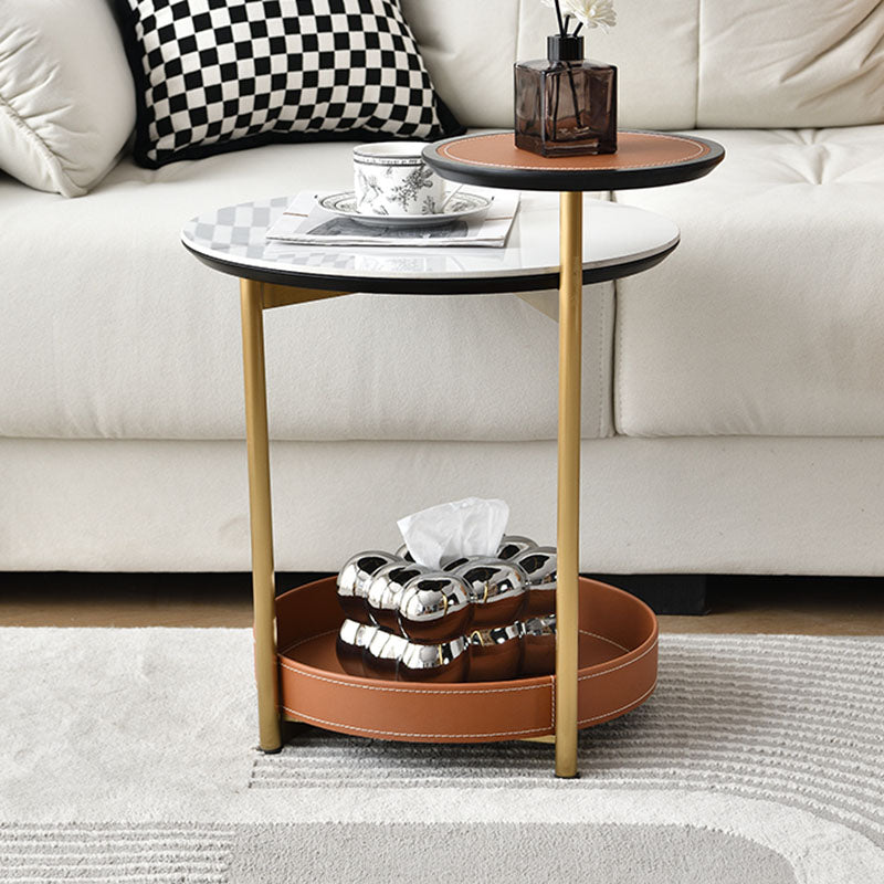 Two-Layer Round Rock Slab Ironwood Veneer Faux Saddle Leather End Table - Creative Accent Side Table For Living Room Lumendat