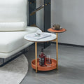 Two-Layer Round Rock Slab Ironwood Veneer Faux Saddle Leather End Table - Creative Accent Side Table For Living Room Lumendat