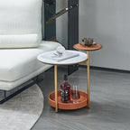 Two-Layer Round Rock Slab Ironwood Veneer Faux Saddle Leather End Table - Creative Accent Side Table For Living Room Lumendat