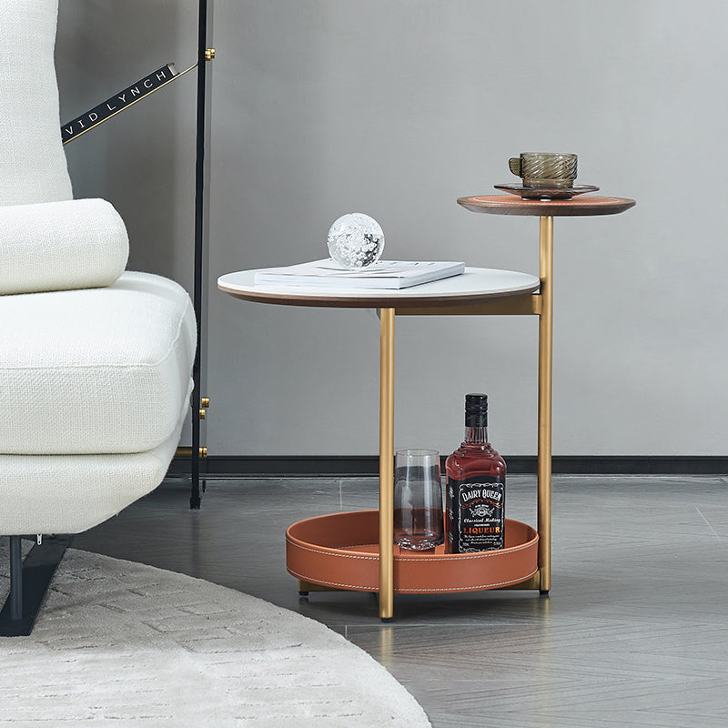 Two-Layer Round Rock Slab Ironwood Veneer Faux Saddle Leather End Table - Creative Accent Side Table For Living Room Lumendat
