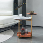 Two-Layer Round Rock Slab Ironwood Veneer Faux Saddle Leather End Table - Creative Accent Side Table For Living Room Lumendat