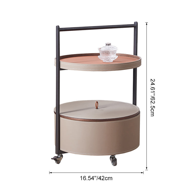 Smooth Casters Round Faux Saddle Leather End Table - Creative 1-Tier Accent Trolley For Living Room Lumendat
