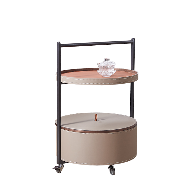 Smooth Casters Round Faux Saddle Leather End Table - Creative 1-Tier Accent Trolley For Living Room Lumendat
