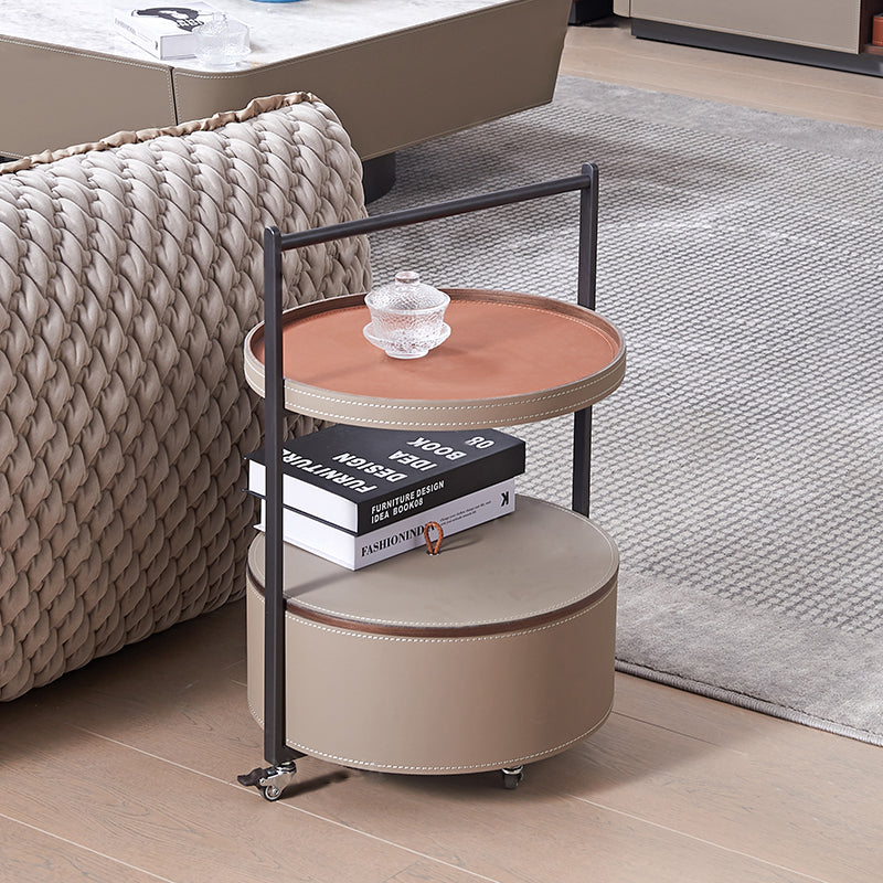 Smooth Casters Round Faux Saddle Leather End Table - Creative 1-Tier Accent Trolley For Living Room Lumendat