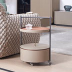 Smooth Casters Round Faux Saddle Leather End Table - Creative 1-Tier Accent Trolley For Living Room Lumendat