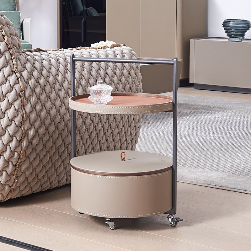 Smooth Casters Round Faux Saddle Leather End Table - Creative 1-Tier Accent Trolley For Living Room Lumendat