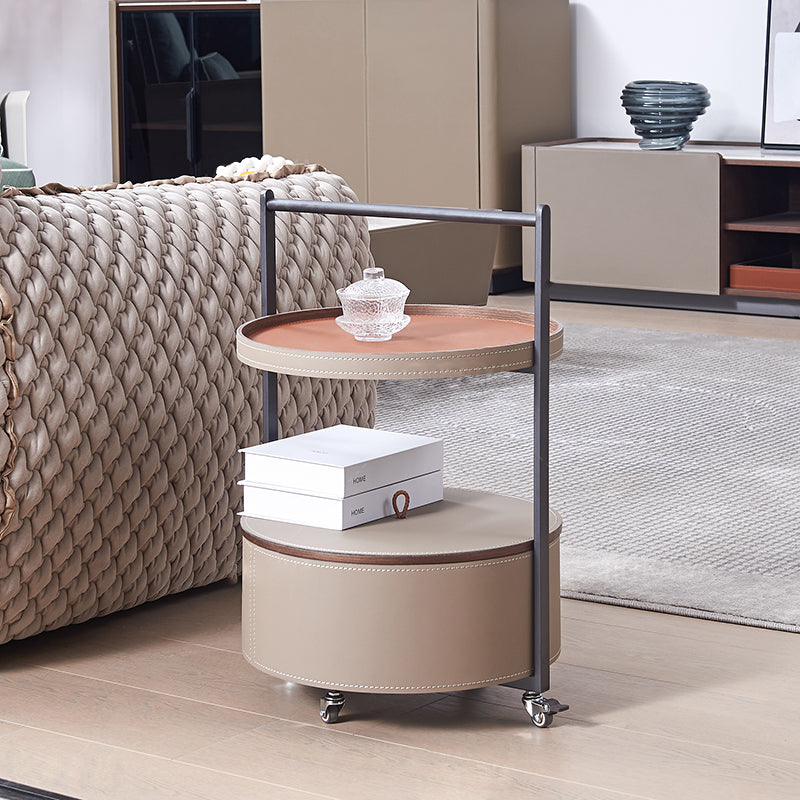 Smooth Casters Round Faux Saddle Leather End Table - Creative 1-Tier Accent Trolley For Living Room Lumendat