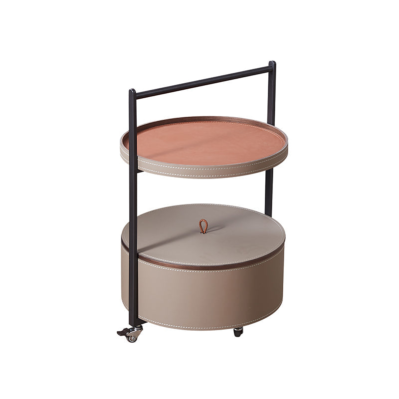 Smooth Casters Round Faux Saddle Leather End Table - Creative 1-Tier Accent Trolley For Living Room Lumendat