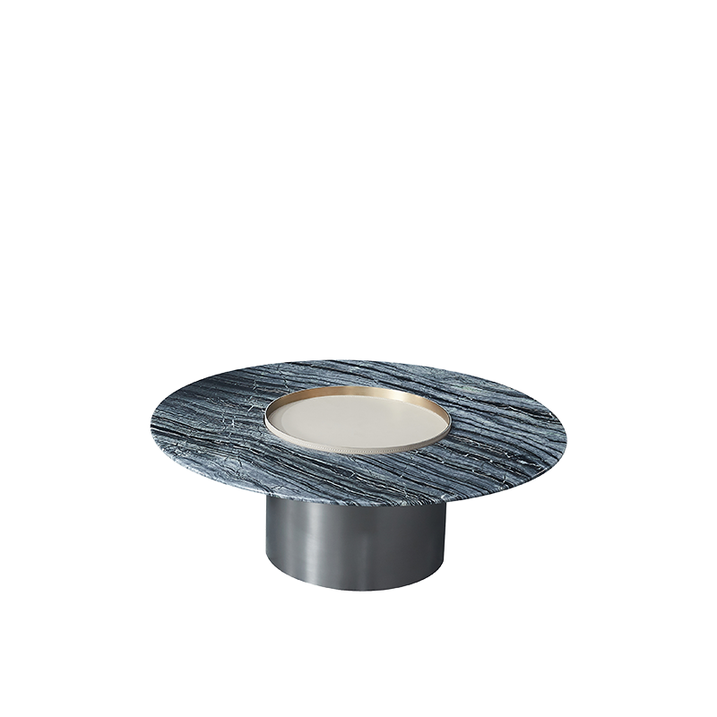 Premium Low Round Marble Faux Saddle Leather Coffee Table - Nordic Accent Side Table For Living Room Lumendat