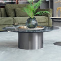 Premium Low Round Marble Faux Saddle Leather Coffee Table - Nordic Accent Side Table For Living Room Lumendat