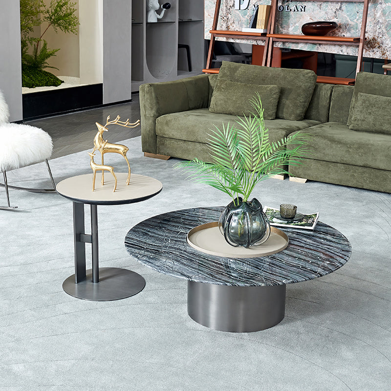 Premium Low Round Marble Faux Saddle Leather Coffee Table - Nordic Accent Side Table For Living Room Lumendat