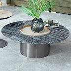 Premium Low Round Marble Faux Saddle Leather Coffee Table - Nordic Accent Side Table For Living Room Lumendat