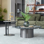 Premium Low Round Marble Faux Saddle Leather Coffee Table - Nordic Accent Side Table For Living Room Lumendat