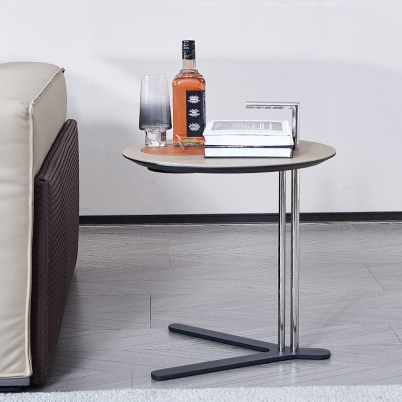 Round T-Base Faux Saddle Leather End Table - Luxury Space-Saving C Side Table For Living Room Lumendat