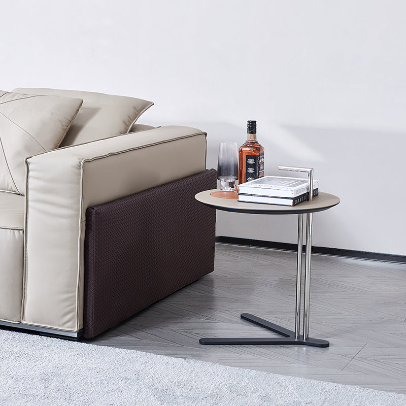 Round T-Base Faux Saddle Leather End Table - Luxury Space-Saving C Side Table For Living Room Lumendat