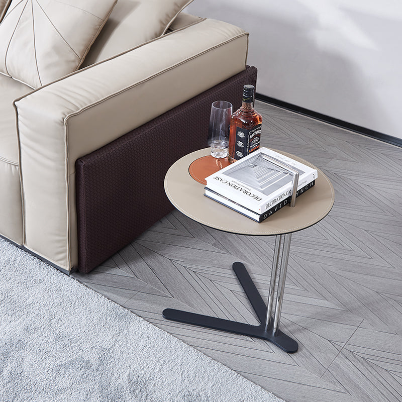 Round T-Base Faux Saddle Leather End Table - Luxury Space-Saving C Side Table For Living Room Lumendat