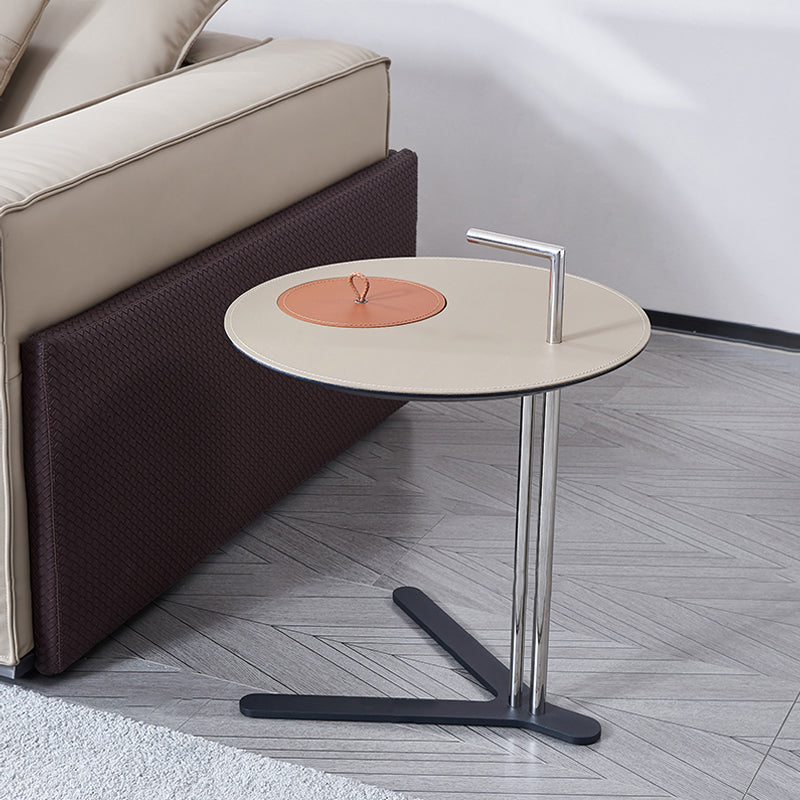Round T-Base Faux Saddle Leather End Table - Luxury Space-Saving C Side Table For Living Room Lumendat