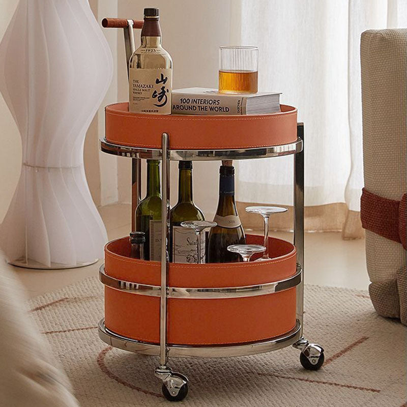 Rolling Round Elegant Faux Saddle Leather Solid Wood End Table - Creative Multifunction Tea Trolley For Living Room Lumendat