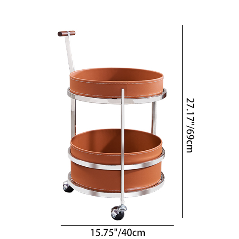 Rolling Round Elegant Faux Saddle Leather Solid Wood End Table - Creative Multifunction Tea Trolley For Living Room Lumendat