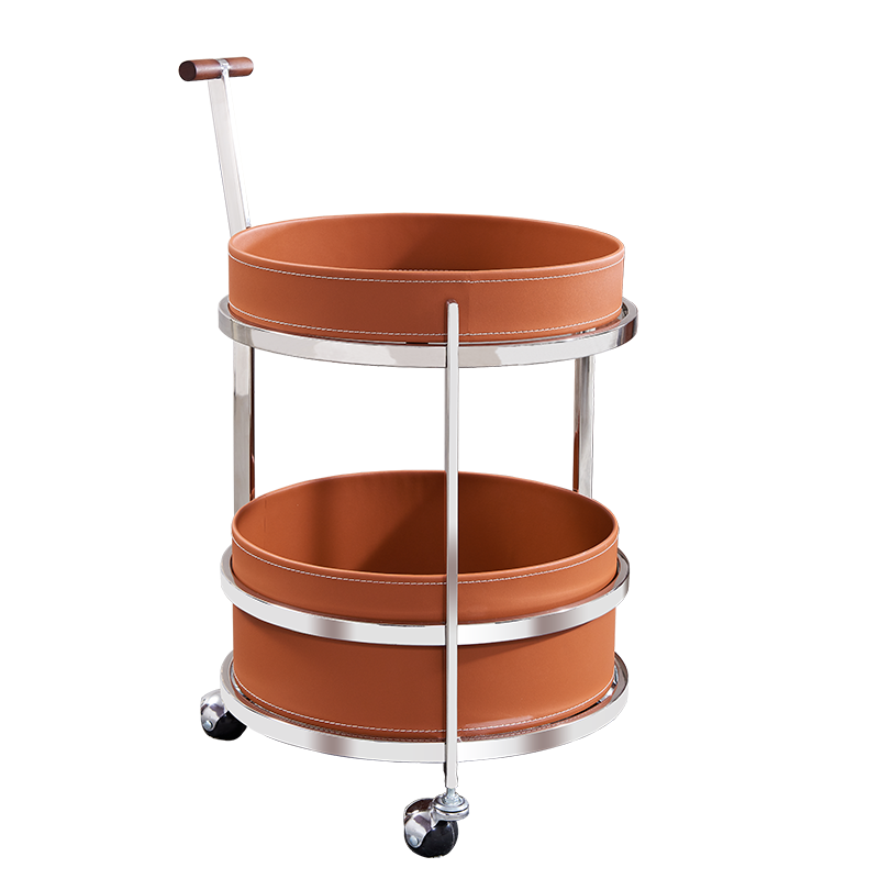 Rolling Round Elegant Faux Saddle Leather Solid Wood End Table - Creative Multifunction Tea Trolley For Living Room Lumendat