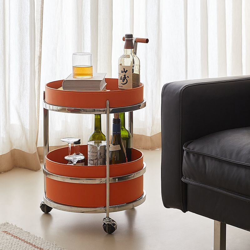 Rolling Round Elegant Faux Saddle Leather Solid Wood End Table - Creative Multifunction Tea Trolley For Living Room Lumendat