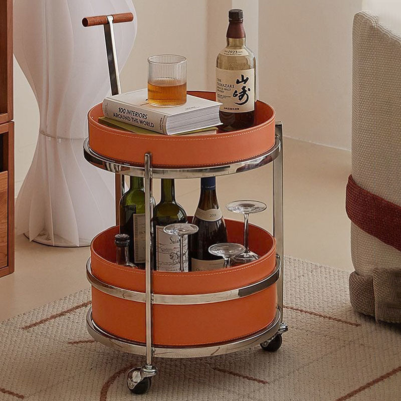 Rolling Round Elegant Faux Saddle Leather Solid Wood End Table - Creative Multifunction Tea Trolley For Living Room Lumendat