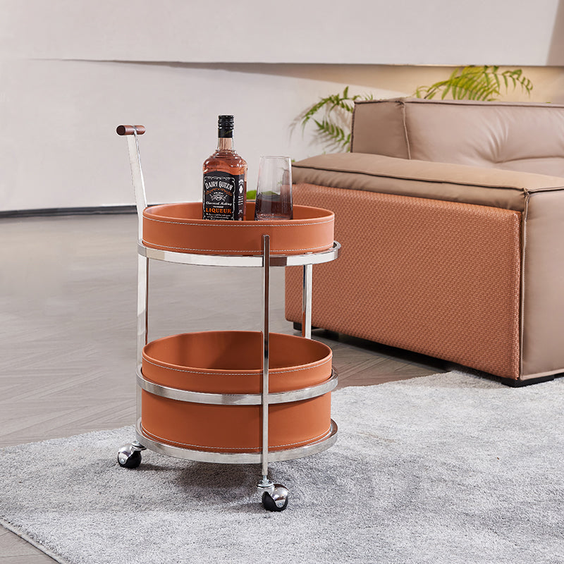 Rolling Round Elegant Faux Saddle Leather Solid Wood End Table - Creative Multifunction Tea Trolley For Living Room Lumendat