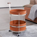 Rolling Round Elegant Faux Saddle Leather Solid Wood End Table - Creative Multifunction Tea Trolley For Living Room Lumendat