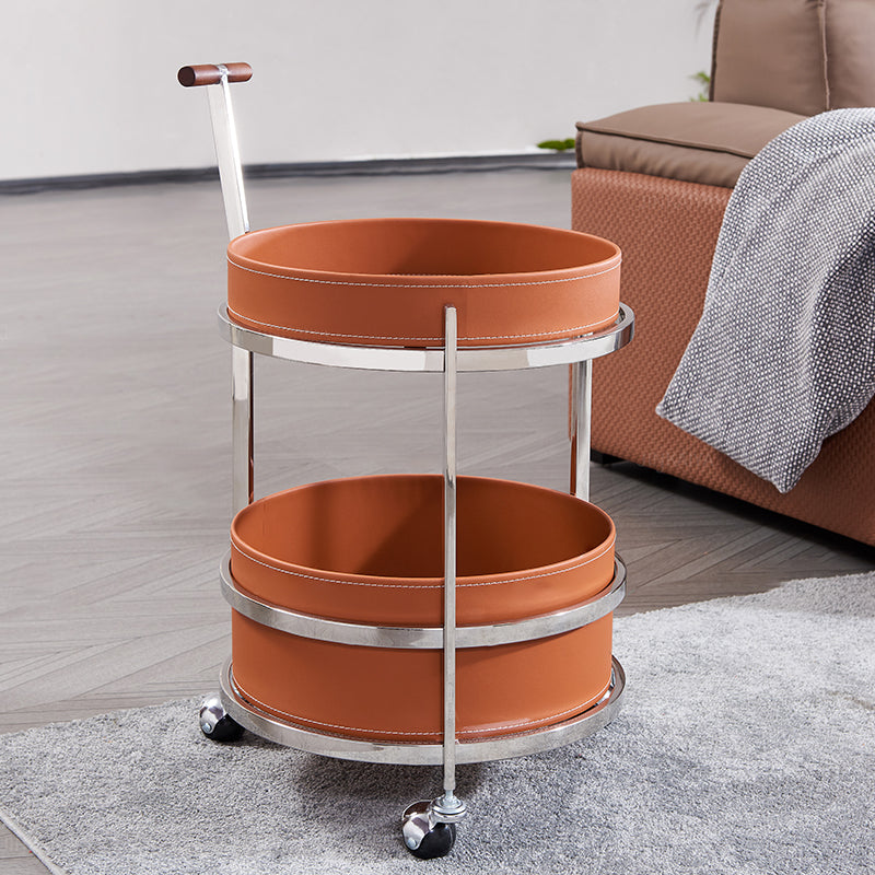 Rolling Round Elegant Faux Saddle Leather Solid Wood End Table - Creative Multifunction Tea Trolley For Living Room Lumendat