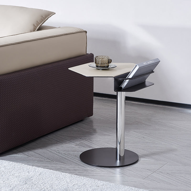 Geometric Round Faux Saddle Leather End Table - Creative Side Table With Storage Shelf For Living Room Lumendat