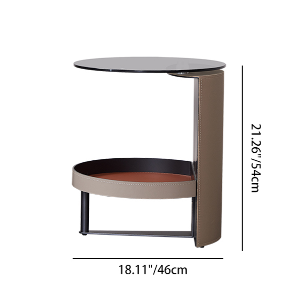 Round Tempered Glass Faux Saddle Leather End Table - Luxury Elegant Side Table For Living Room Lumendat