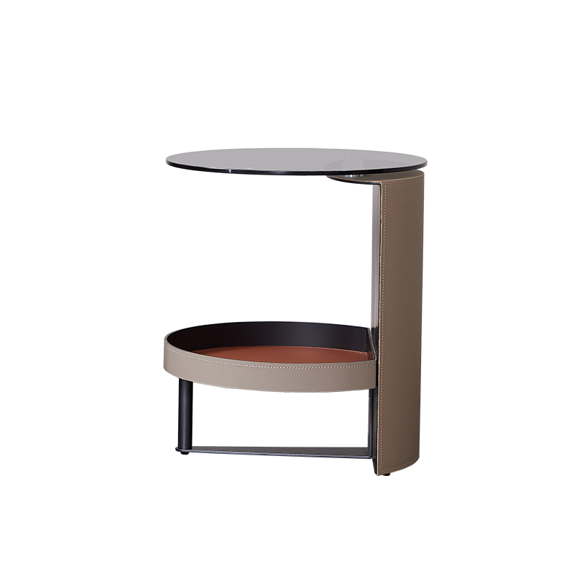 Round Tempered Glass Faux Saddle Leather End Table - Luxury Elegant Side Table For Living Room Lumendat