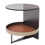 Round Tempered Glass Faux Saddle Leather End Table - Luxury Elegant Side Table For Living Room Lumendat